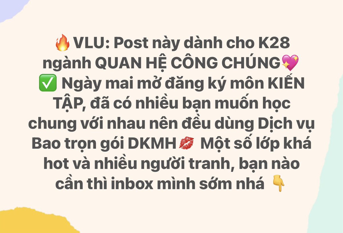 DkmhNet's tweet image. 🔥VLU: Post này dành cho K28 ngành QUAN HỆ CÔNG CHÚNG💖

✅ Ngày mai mở đăng ký môn KIẾN TẬP, đã có nhiều bạn muốn học chung với nhau nên đều dùng Dịch vụ Bao trọn gói DKMH💋 Một số lớp khá hot và nhiều người tranh, bạn nào cần thì inbox mình sớm nhá 👇

#vlu