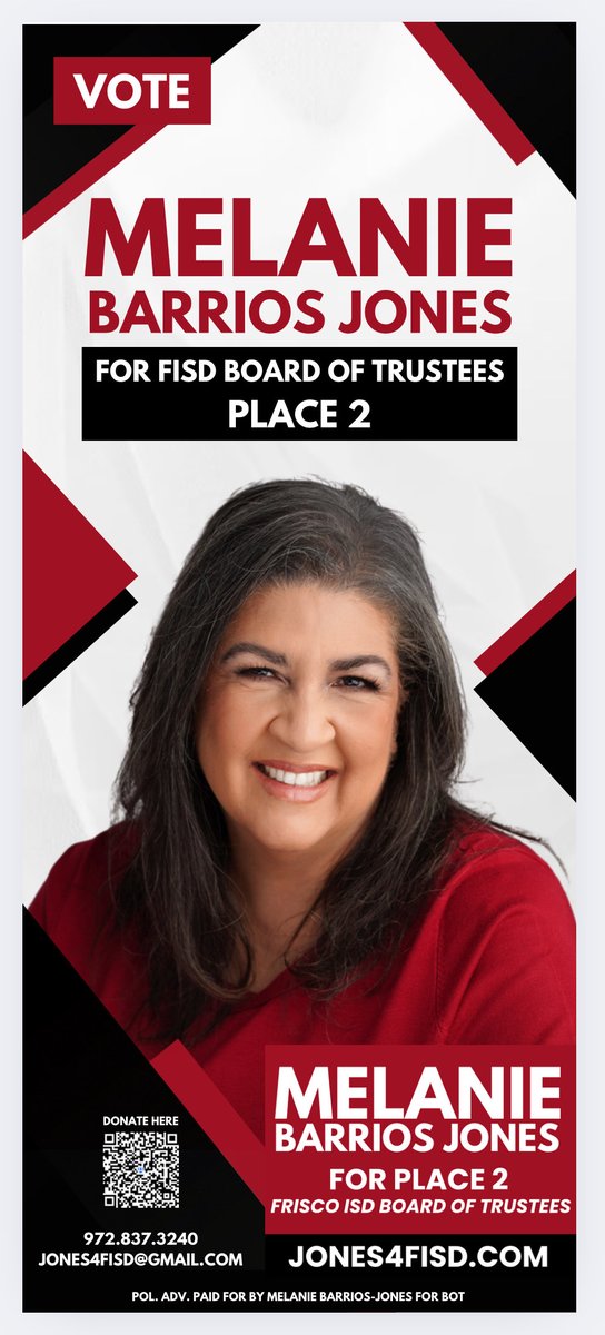 Early voting starts TODAY! 🗳️ 

Support my best friend  Melanie Barrios-Jones <a href="/bombspedmom/">Melanie Barrios-Jones</a> for Frisco ISD Place 2. 

She’s a special needs mom, latina, former financial advisor, and dedicated community advocate. 

Melanie champions fiscal responsibility, school safety, and