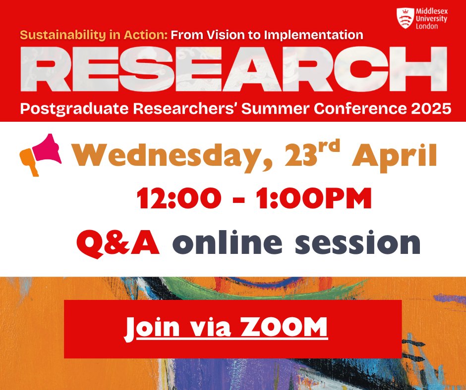 📣 Attention PGRs and Academic staff!

Join us tomorrow for an online Q&amp;A session.

This is a great opportunity to ask questions &amp; get clarity on any aspect of the PGR Summer Conference 2025.

Hosted by the Summer Conference Chairs

👉 Access via Zoom: mdx-ac-uk.zoom.us/j/97667830902?…