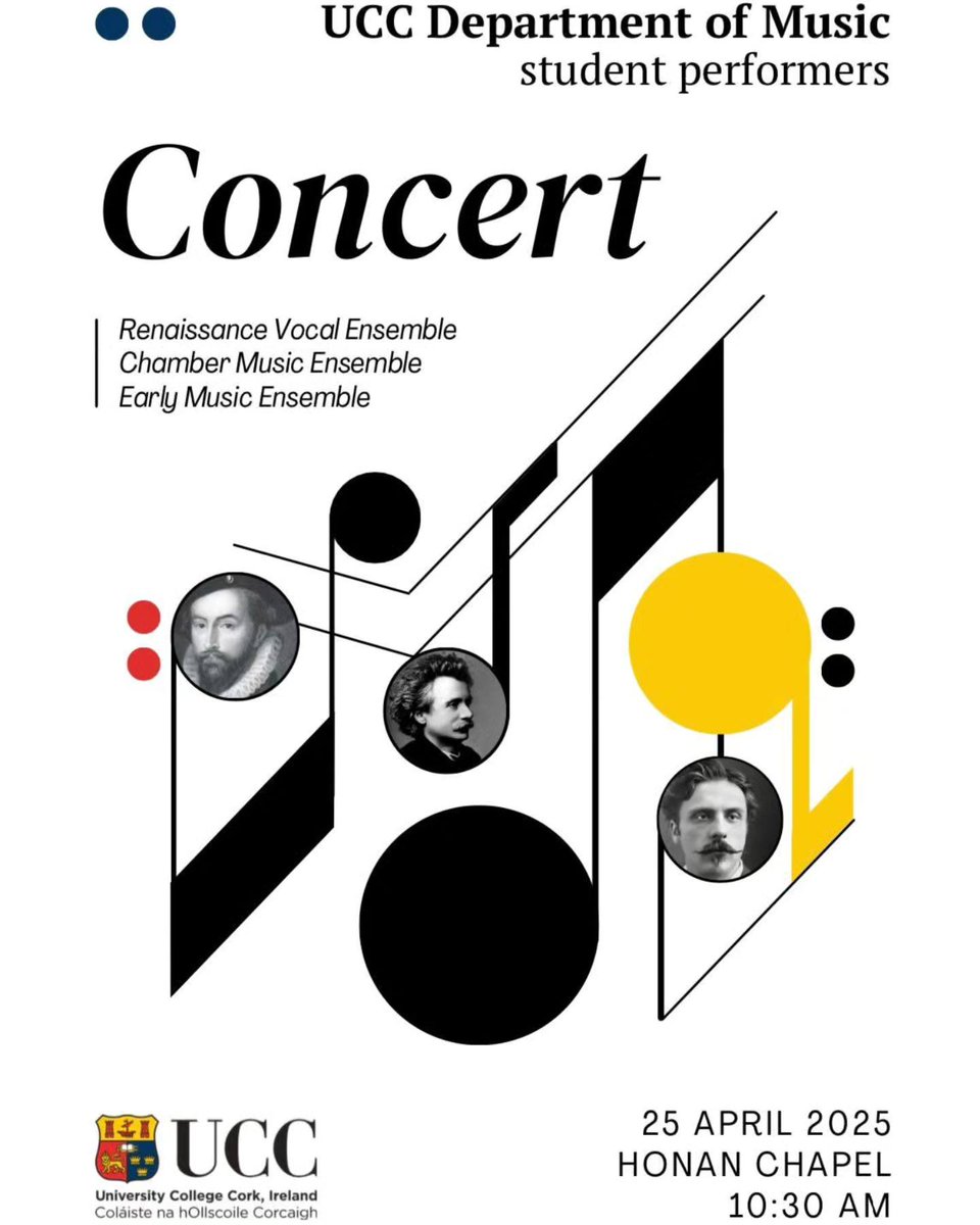 UCC Music students in Renaissance Vocal, Chamber and Early Music ensembles will host a free concert on this Friday 25th April at 10.30am in the Honan chapel, UCC.

All welcome and admission is free!!