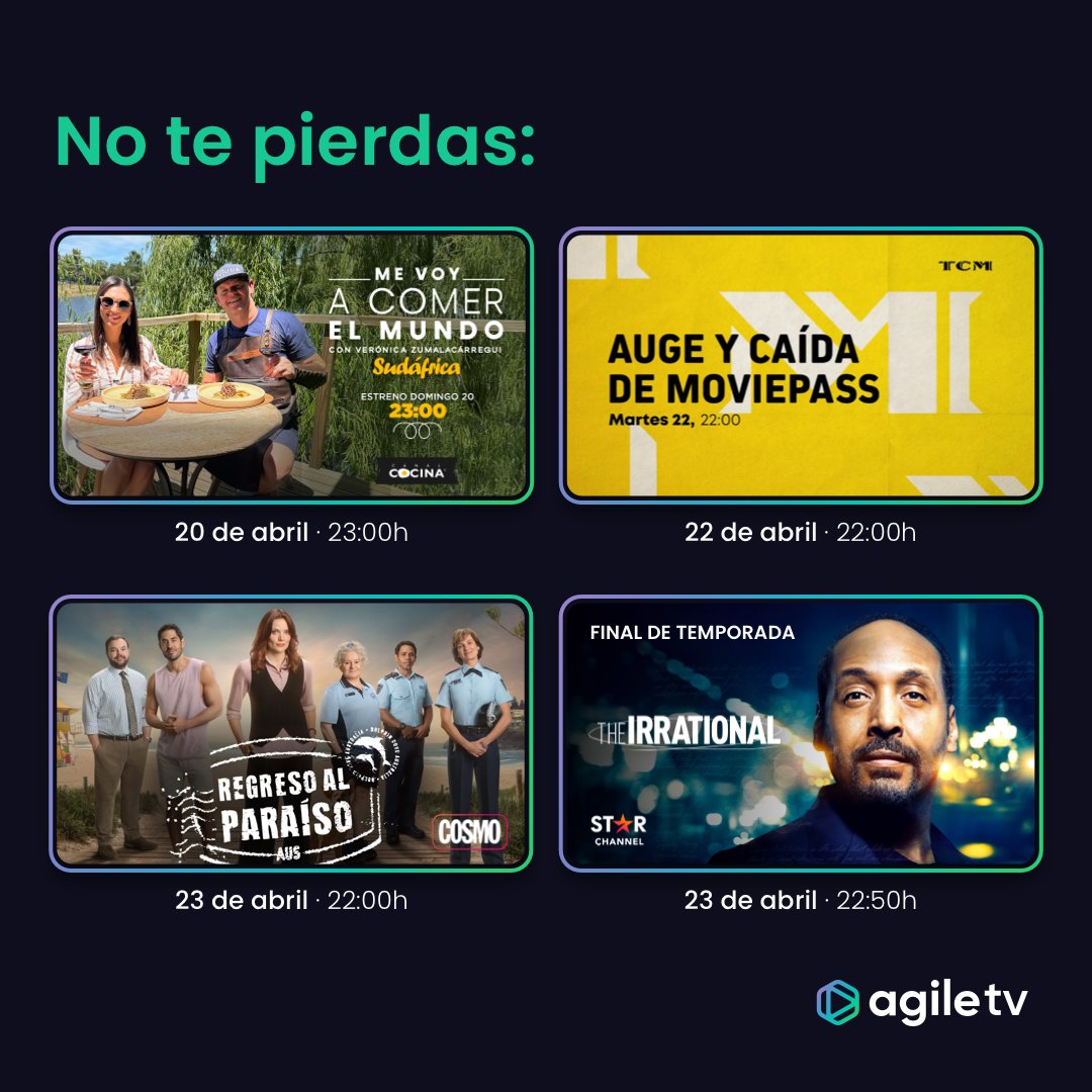 🎬✨ Martes de estrenos que atrapan en Agile TV 🌍🎥
📍 "Me voy a comer el mundo: Sudáfrica"
 
📉 "MoviePass: auge y caída"

🏝️ "Regreso al paraíso" 

🧠 Final de temporada de The Irrational

📺 ¡Todo esto te espera en Agile TV!
#AgileTV #SeriesQueEnganchan #CineYMás