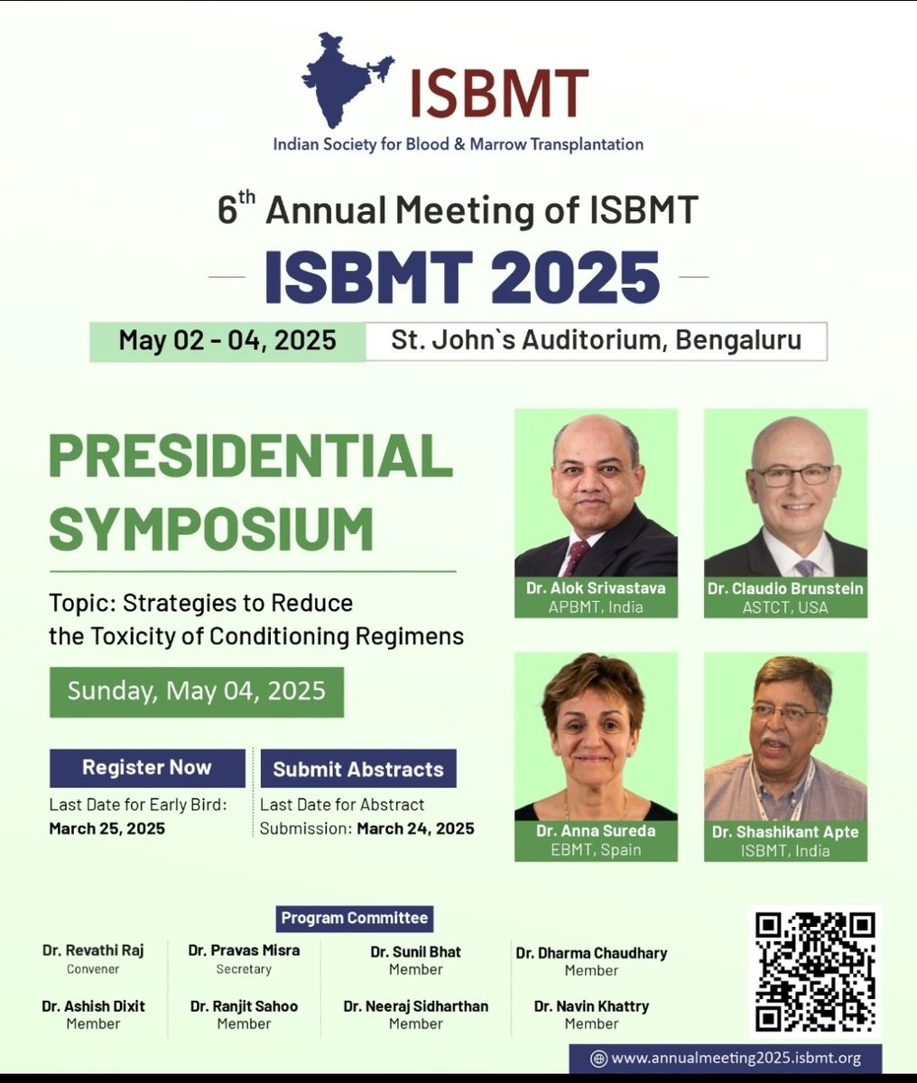 Presidential symposium at <a href="/ISBMT/">ISBMT</a> annual meeting 2025 in Bengaluru.

Dates 2-4 May 2025. 

Theme: How to reduce toxicity of conditioning regimen.