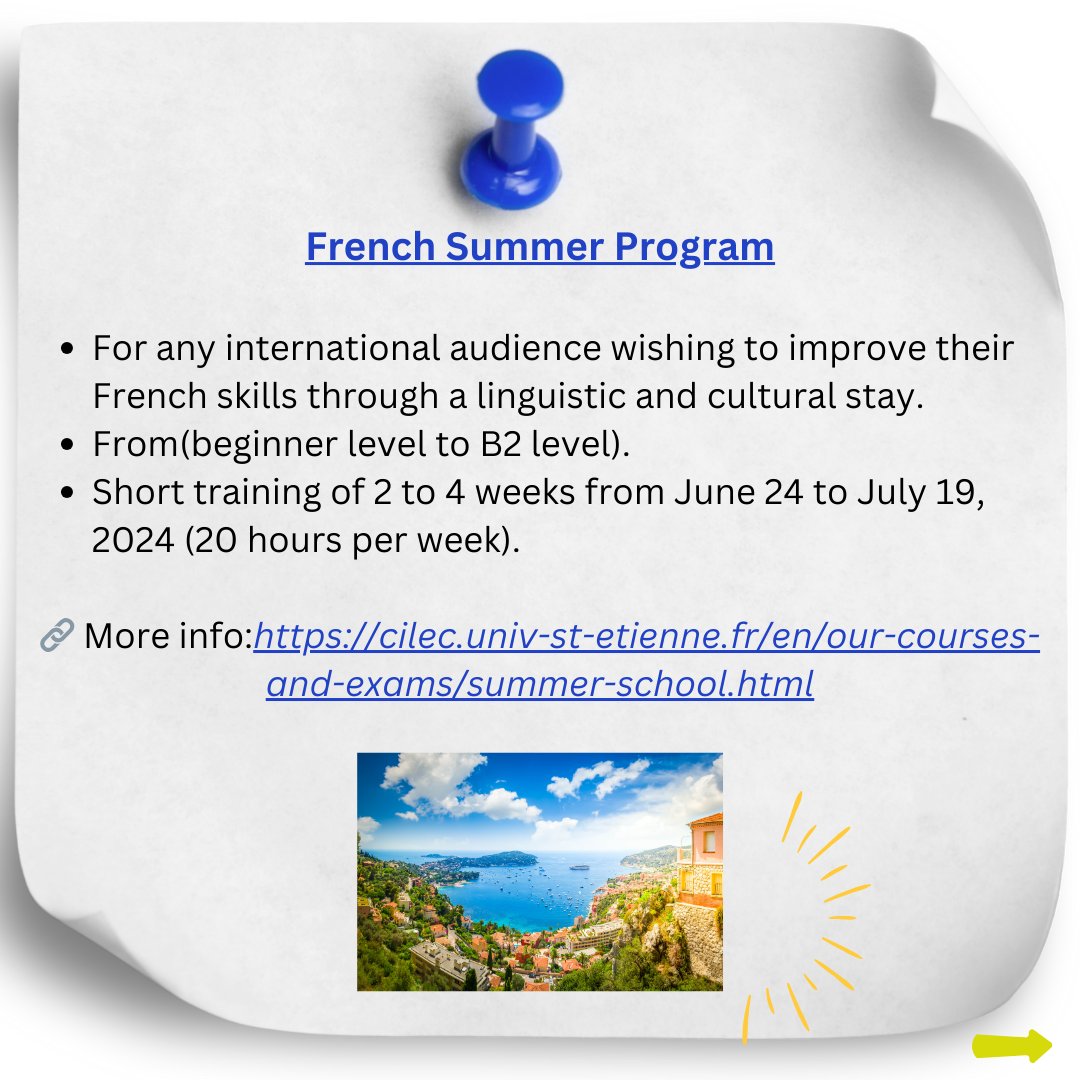 Take the opportunity to improve your French skills at
CILEC, the school of the Jean Monnet University (UJM) dedicated to teaching French as a Foreign Language (FLE)

👩🏾‍💻Visit: cilec.univ-st-etienne.fr

#internationalstudents #France #summer  #studyineurope #FrenchElegance