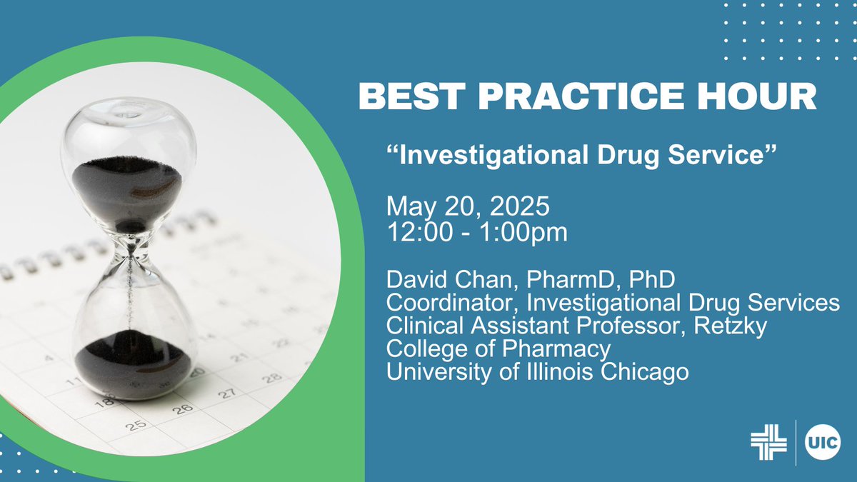 Join our upcoming Best Practice Hour seminar as we discuss the services offered by the Investigational Drug Service (IDS) and their roles in supporting clinical investigations on 5/20 at 12:00pm CST. ccts.uic.edu/events/bph-may…