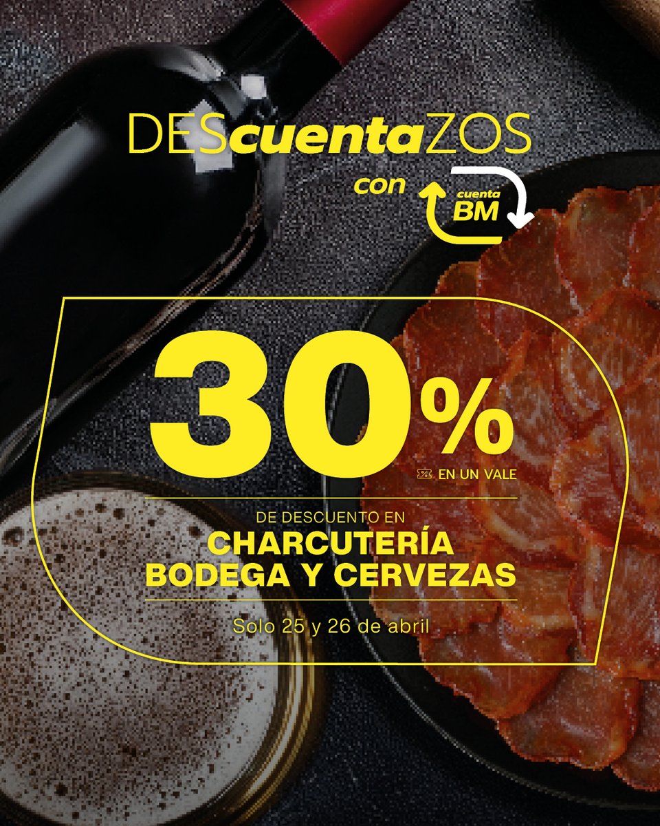 ¿Ya tienes Cuenta BM? Entonces disfruta de un 30 % de descuento en CHARCUTERÍA, BODEGA y CERVEZAS. ¡Solo los días 25 y 26 de abril!

El descuento se dará en un vale para canjear del 1 al 11 de mayo de 2025.

#DEScuentaZOS