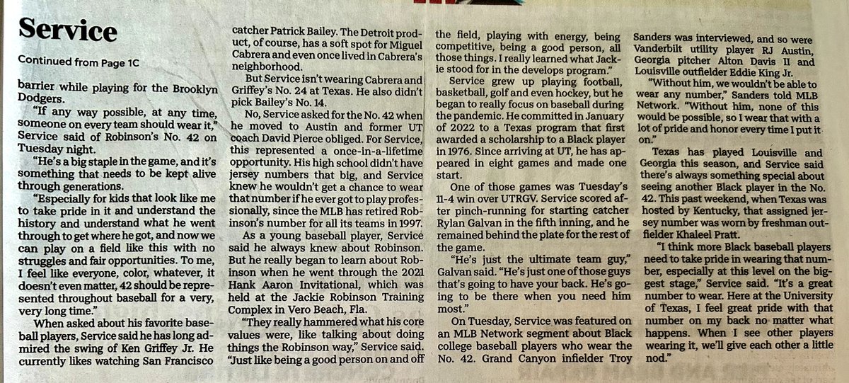 Still reflecting on the honor from Jackie Robinson Day- grateful to <a href="/MLBNetwork/">MLB Network</a> for recognizing a few NCAA players who wear #42 in honor of #Jackie42, and to the <a href="/statesman/">Austin Statesman</a> for highlighting my personal connection. Proud to carry that legacy at <a href="/TexasBaseball/">Texas Baseball</a> #HookEm