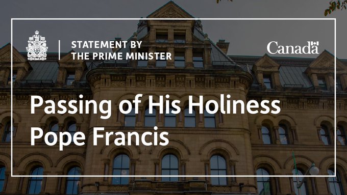 Declaración del Primer Ministro Mark Carney sobre el fallecimiento de Su Santidad el Papa Francisco:
En inglés: ow.ly/36sl50VFt7j
En francés: ow.ly/3ien50VFt7i