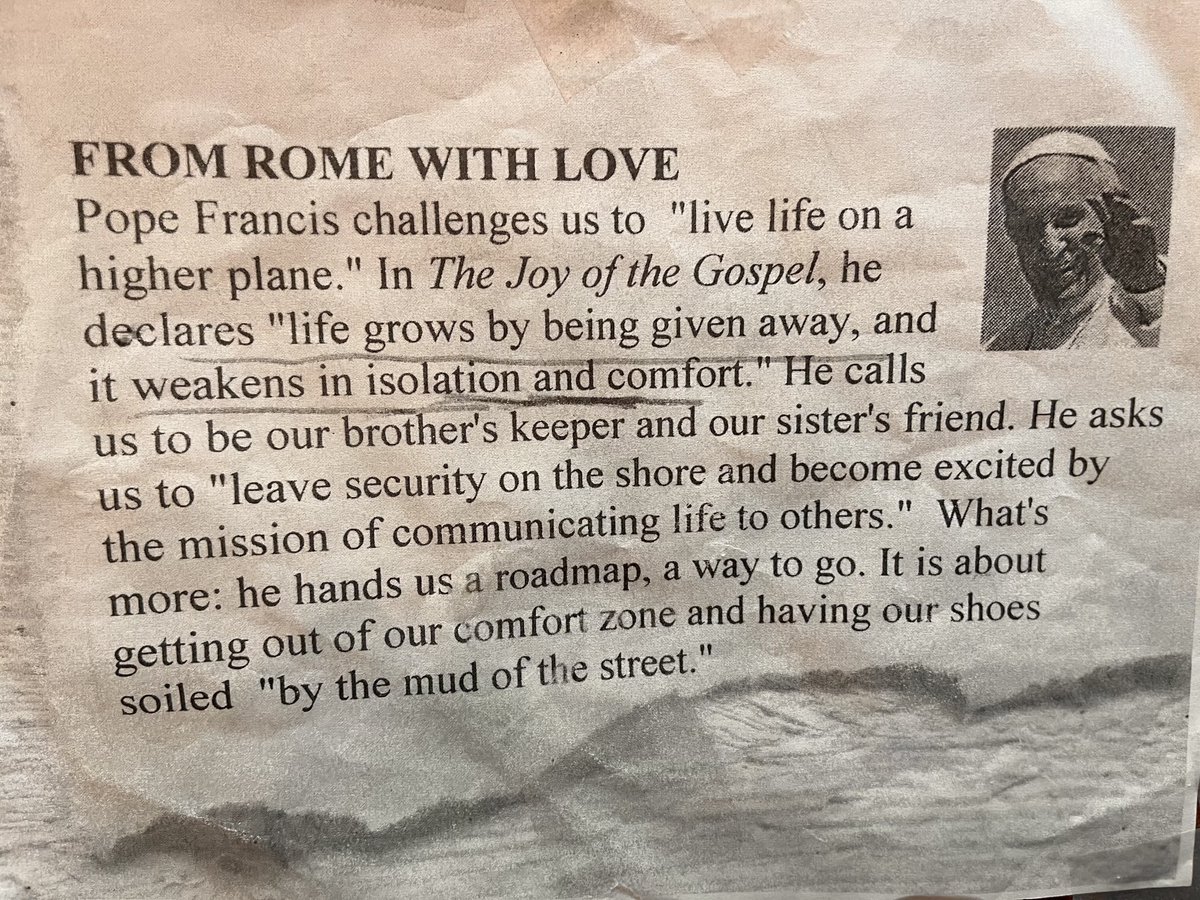 Mark_Shriver's tweet image. Pope Francis was not just a nice guy who liked people - he was a devout follower of Jesus who joyfully challenged us to get out of our comfort zone,to get the mud of the street on our shoes.I taped these words on my office wall.Hope they challenge, &inspire, you, like they do me!
