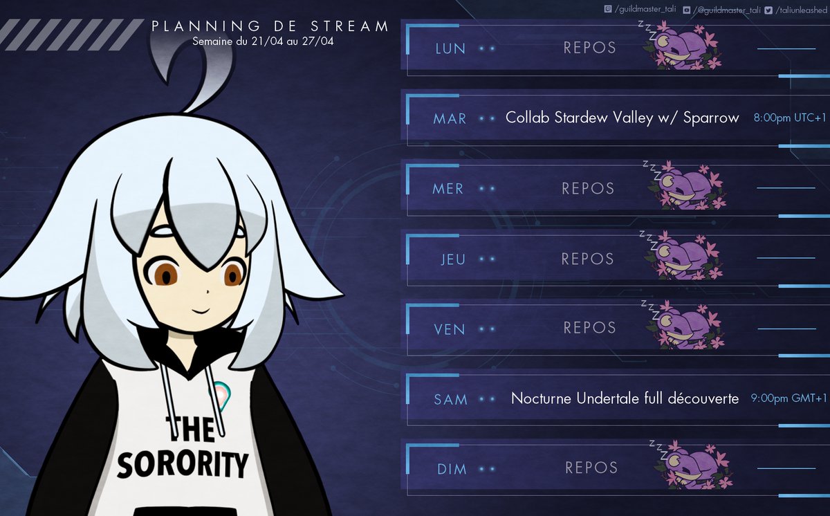 TaliUnleashedVT's tweet image. PLANNING DU 21/04 AU 27/04
----
Ce soir, Stardew Valley à 20h avec @Sparrow_adp !

Nouveauté à partir de cette semaine : tous les samedi soirs, ce sera nocturne à partir de 21h🌙 !
Sur celle de samedi, on continuera la découverte d&apos;Undertale 😊

À ce soir 💜