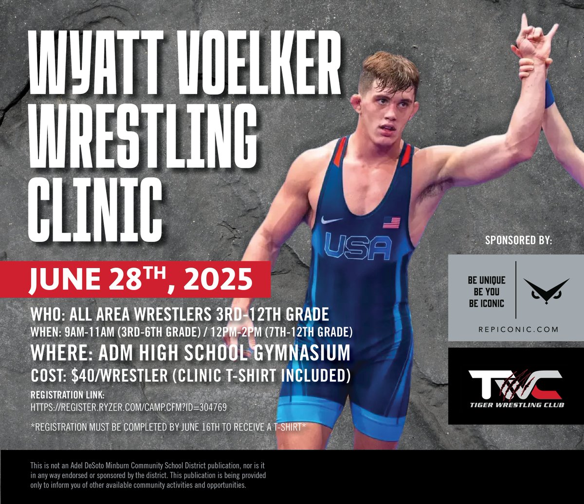ADM Tigers Wrestling (@admwrestling) on Twitter photo 🚨ADM/TWC/Area Wrestlers🚨
Get registered today for the <a href="/wyattvoelker/">Wyatt Voelker</a> Wrestling Clinic! Great opportunity to learn from one of UNI's best!
register.ryzer.com/camp.cfm?ID=30… 🚨ADM/TWC/Area Wrestlers🚨
Get registered today for the <a href="/wyattvoelker/">Wyatt Voelker</a> Wrestling Clinic! Great opportunity to learn from one of UNI's best!
register.ryzer.com/camp.cfm?ID=30…