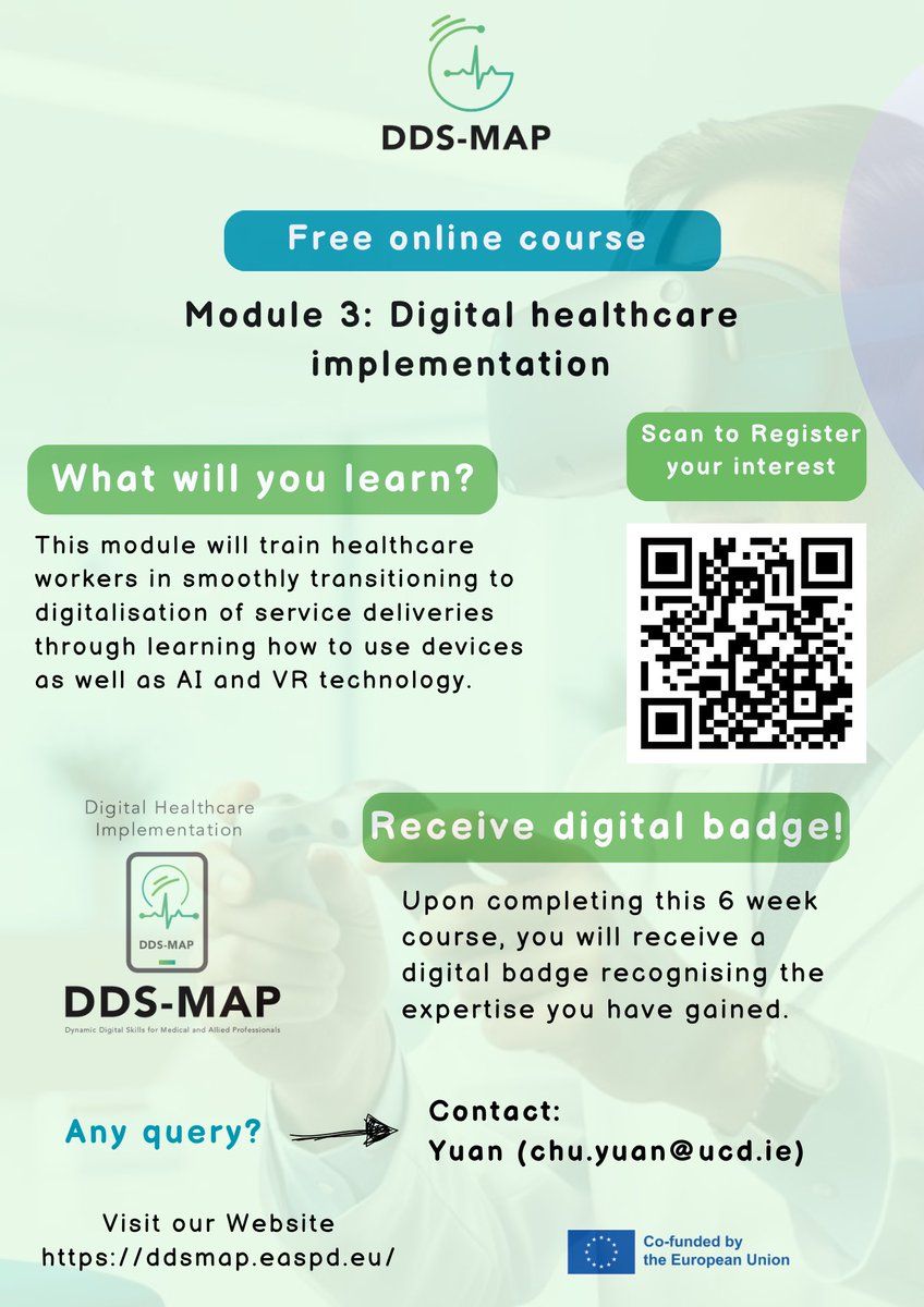 Olayinka O Aremu (Nurse Coach Ola) (@olayinka_aremu1) on Twitter photo FREE Digital Skills Training for Medical & Allied Health Professionals! 🖥️
A fantastic opportunity <a href="/DDS_MAP/">DDS-MAP</a> EU-funded project focused on building digital capacity in healthcare
Express your interest to via email or use the QR code on poster <a href="/ucdsnmhs/">UCD School of Nursing, Midwifery & Health Systems</a> <a href="/SETUIreland/">South East Technological University</a> FREE Digital Skills Training for Medical & Allied Health Professionals! 🖥️
A fantastic opportunity <a href="/DDS_MAP/">DDS-MAP</a> EU-funded project focused on building digital capacity in healthcare
Express your interest to via email or use the QR code on poster <a href="/ucdsnmhs/">UCD School of Nursing, Midwifery & Health Systems</a> <a href="/SETUIreland/">South East Technological University</a>