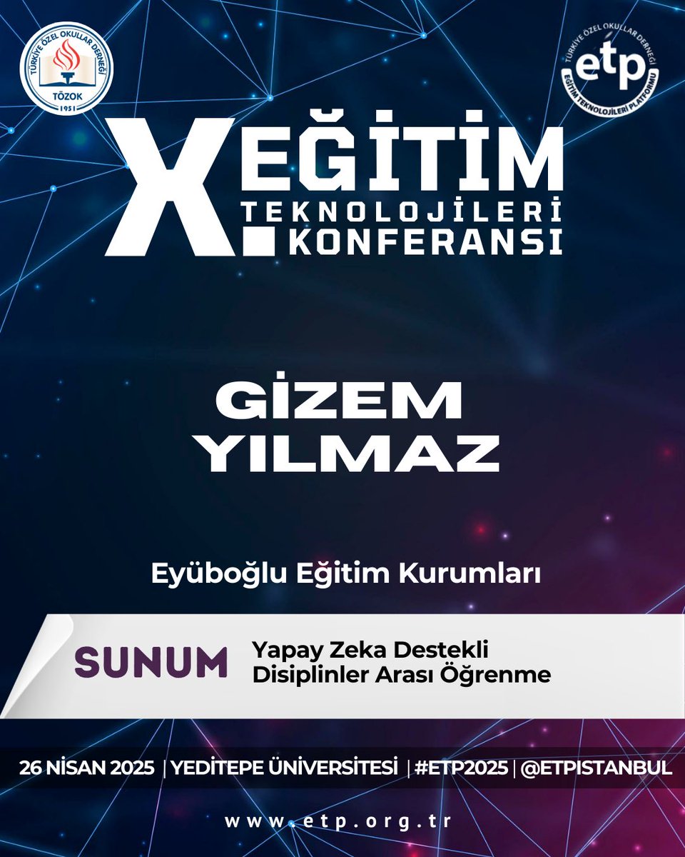 Gizem Yılmaz,“Yapay Zeka Destekli Disiplinler Arası Öğrenme” başlıklı sunumuyla #ETP2025’te sahnede!

👉🏼 Dinleyici kaydı için son gün: 24 Nisan 2025
Detaylar ve kayıt: etp.org.tr
<a href="/etpistanbul/">ETP İstanbul #ETP2025</a>