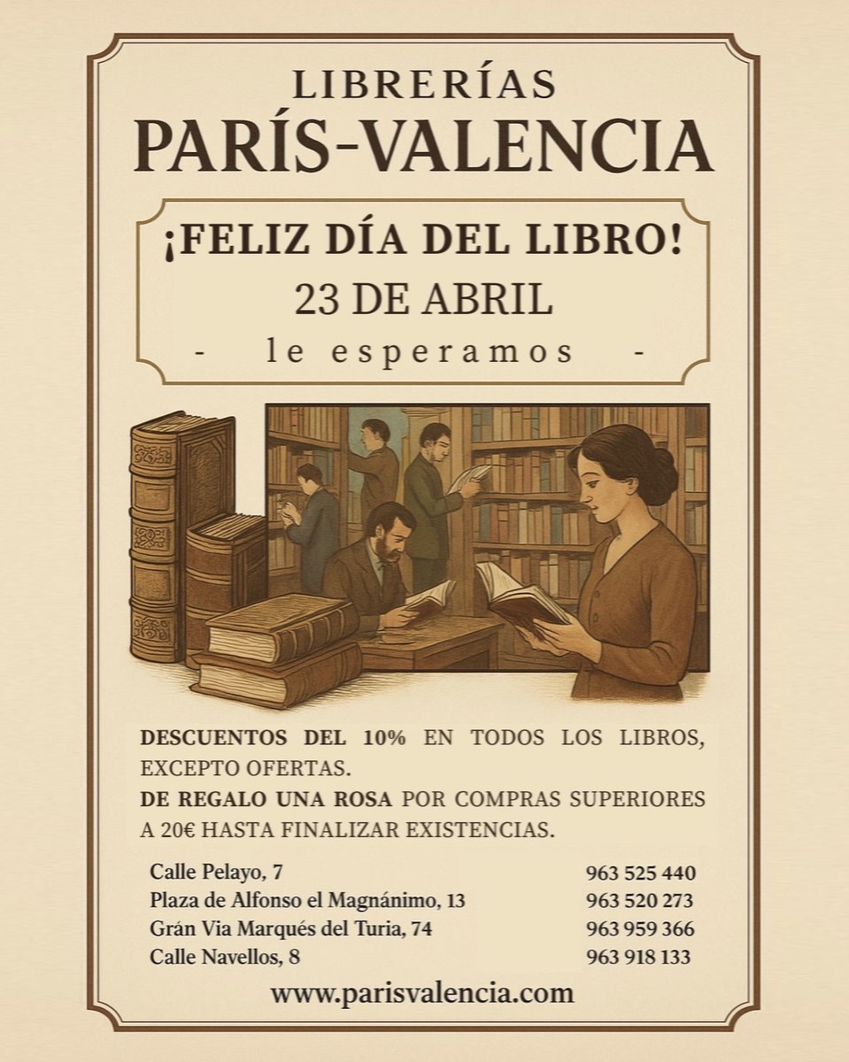 Celebre con nosotros mañana el Día del Libro (miércoles, 23 de Abril). Descuentos del 10% en todos los libros, excepto ofertas, y regalo de una rosa por compras superiores a 20€ hasta finalizar existencias.
Le esperamos, ¡Feliz día del Libro!