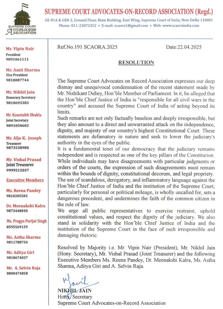 Supreme Court Advocates on Record Association condemns remark by BJP leader Nishikant Dubey against CJI Sanjiv Khanna

SCAORA says such "remarks are not only factually baseless and deeply irresponsible, but they also amount to a direct and unwarranted attack on the independence,
