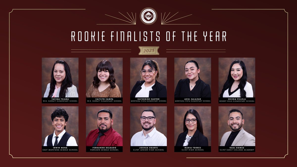 Congratulations to all our Clint ISD Campus Rookie Teacher of the Year Finalists.

We are looking forward to celebrating with you this Friday, April 25, 2025.

#WeAreClintISD
#TogetherWeBuildTomorrow