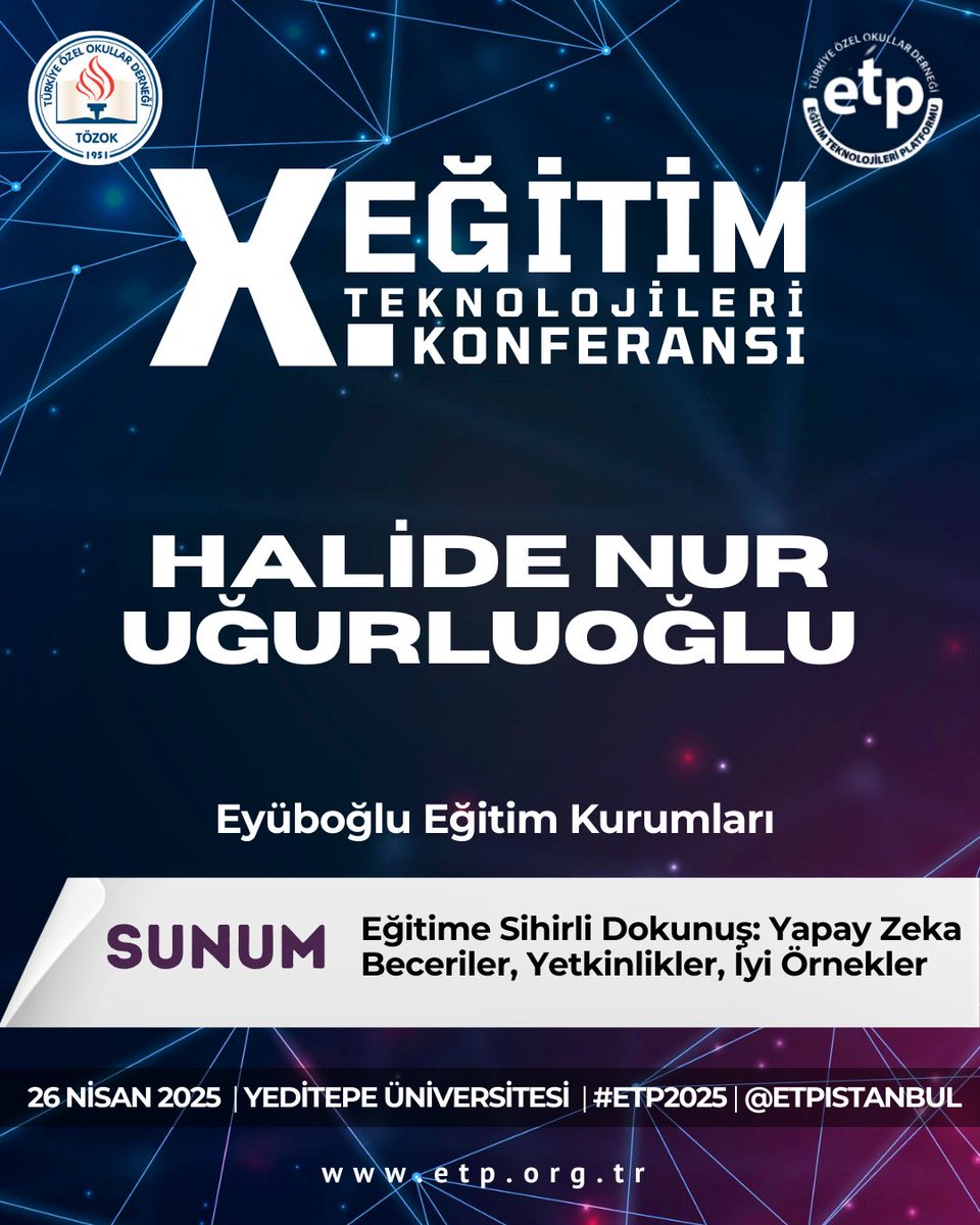 Halide Nur Uğurluoğlu, “Eğitime Sihirli Dokunuş: Yapay Zeka, Beceriler, Yetkinlikler, İyi Örnekler” başlıklı sunumuyla #ETP2025’te yerini alıyor!

👉🏼 Dinleyici kaydı için son gün: 24 Nisan 2025
Detaylar ve kayıt: etp.org.tr
<a href="/etpistanbul/">ETP İstanbul #ETP2025</a>