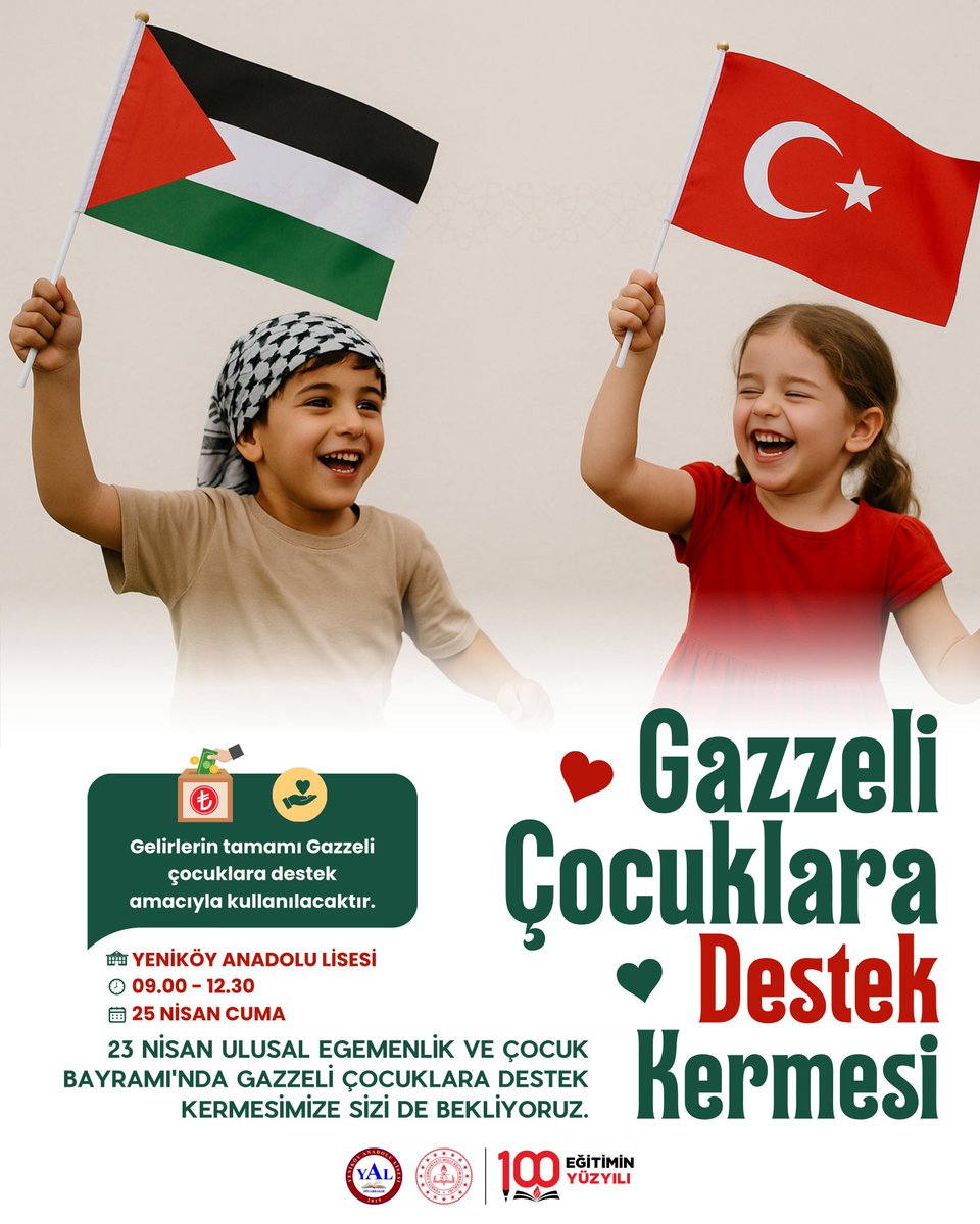 Yeniköy Anadolu Lisesi (@lisesiyenikoy) on Twitter photo 23 Nisan Ulusal Egemenlik ve Çocuk Bayramı’nda Gazzeli çocukların acısını yüreğimizde taşıyoruz.
Gazzeli çocuklara destek kermesimize tüm velilerimiz davetlidir.
<a href="/dbakirvalilik/">T.C. Diyarbakır Valiliği</a> <a href="/BaglarKaymakam/">Bağlar Kaymakamlığı</a> <a href="/Murat4Kucukali/">Murat Küçükali</a> <a href="/12_samiaydin/">Sami Aydın</a> <a href="/Diyarbakirmem/">Diyarbakır İl Millî Eğitim Müdürlüğü</a> <a href="/BaglarMEM21/">Bağlar İlçe Milli Eğitim Müdürlüğü</a> 23 Nisan Ulusal Egemenlik ve Çocuk Bayramı’nda Gazzeli çocukların acısını yüreğimizde taşıyoruz.
Gazzeli çocuklara destek kermesimize tüm velilerimiz davetlidir.
<a href="/dbakirvalilik/">T.C. Diyarbakır Valiliği</a> <a href="/BaglarKaymakam/">Bağlar Kaymakamlığı</a> <a href="/Murat4Kucukali/">Murat Küçükali</a> <a href="/12_samiaydin/">Sami Aydın</a> <a href="/Diyarbakirmem/">Diyarbakır İl Millî Eğitim Müdürlüğü</a> <a href="/BaglarMEM21/">Bağlar İlçe Milli Eğitim Müdürlüğü</a>