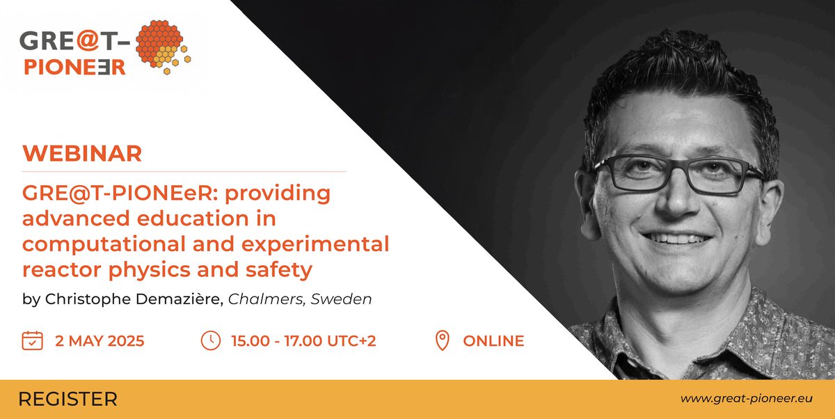 Join us for a seminar on advanced education in computational and experimental reactor physics and safety. We hope to see you there!
📍 Online
📅 May 2nd, 2025
⏰ 15:00 - 17:00 UTC
🔗 Register here: events.teams.microsoft.com/event/51a8f91c…