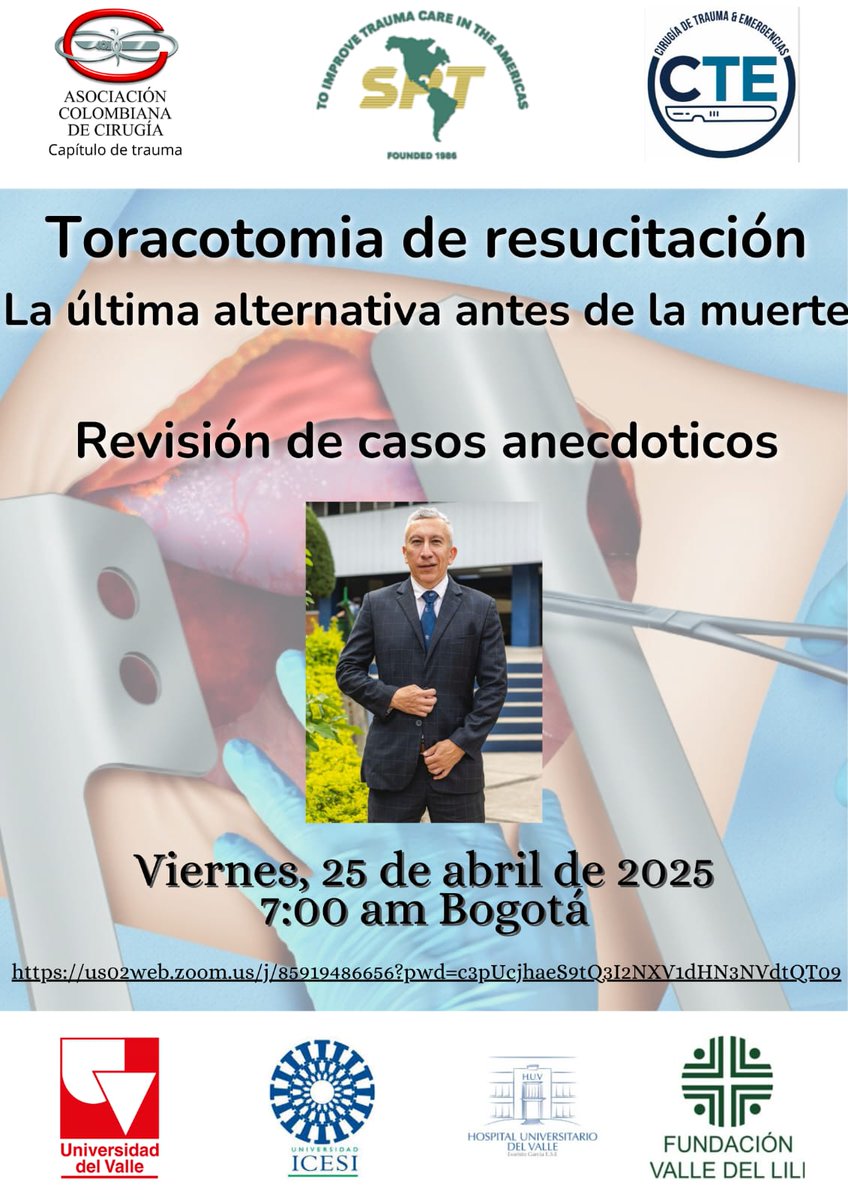 El grupo de Cirugía de Trauma y Emergencias CTE Cali los invita a participar de la actividad académica:

Vea la transmisión en directo por el canal de youtube youtube.com/@CarlosOrdonez…
También puede ingresar con el siguiente enlace de zoom us02web.zoom.us/j/85919486656?…