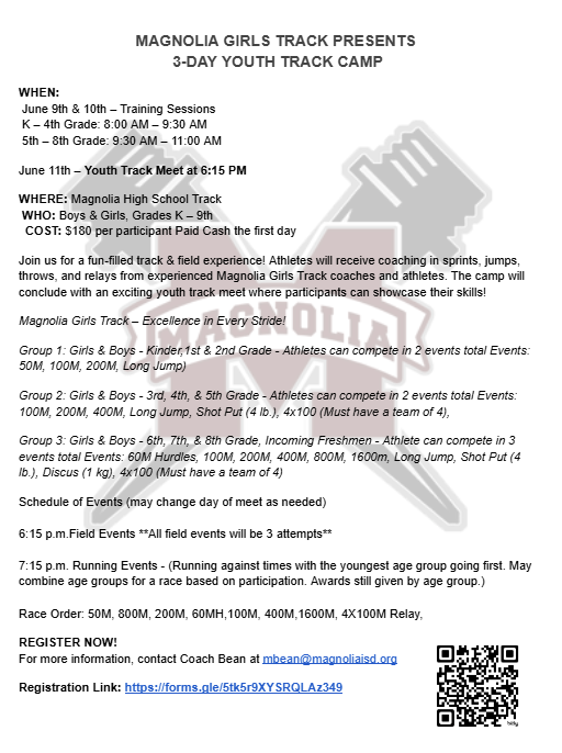 MagnoliaXC_GirlsT&F (@xc_magnolia) on Twitter photo Track Camp!!
Registration is Now open
Question please email Coach Bean
<a href="/MagISDAthletics/">Magnolia ISD Athletics</a> <a href="/MagnoliaHighTX/">Magnolia High School</a> Track Camp!!
Registration is Now open
Question please email Coach Bean
<a href="/MagISDAthletics/">Magnolia ISD Athletics</a> <a href="/MagnoliaHighTX/">Magnolia High School</a>