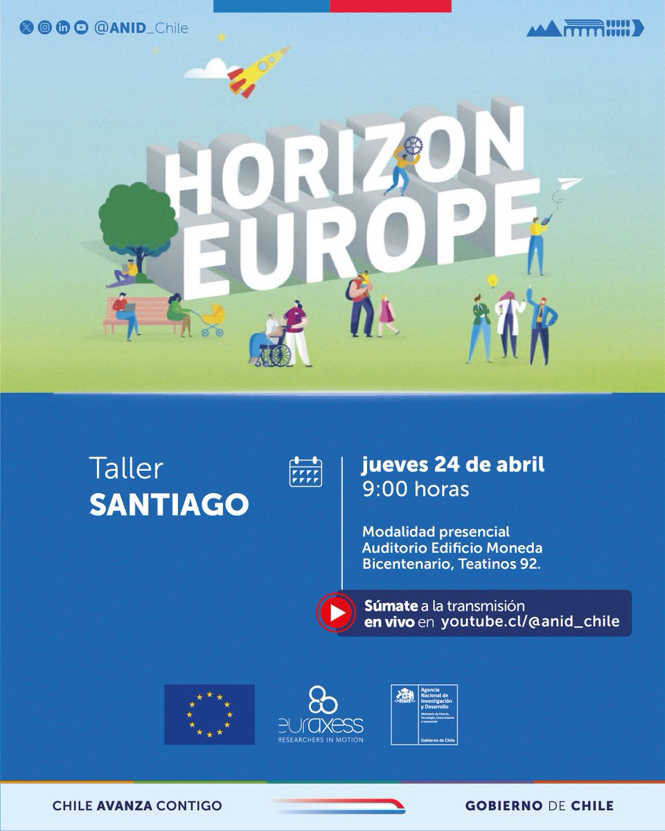 Este jueves 24 de abril, la cita es con Horizonte Europa ¿No puedes asistir? Te esperamos en la transmisión online de <a href="/ANID_Chile/">Agencia Nacional de Investigación y Desarrollo</a>, para conocer las oportunidades de movilidad del principal programa de investigación e innovación de la Unión Europea: youtube.com/watch?v=7B8xG1…