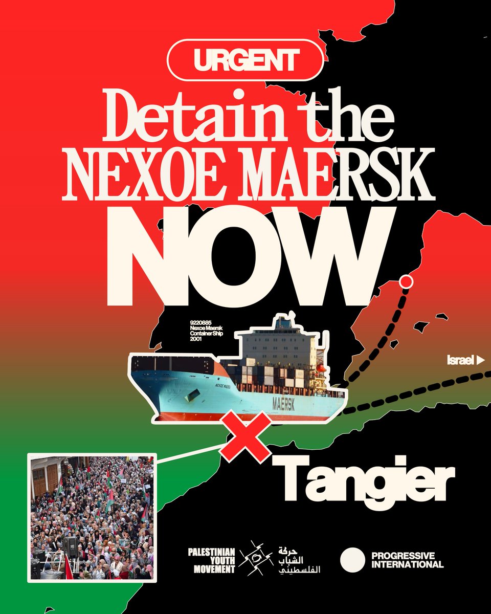 URGENT 🇲🇦🇵🇸 (1/5) Tomorrow — following its journey through Spanish ports — the Nexoe Maersk will dock in Tangier, where the military cargo vessel will collect a shipment of F35 components destined for Israel.