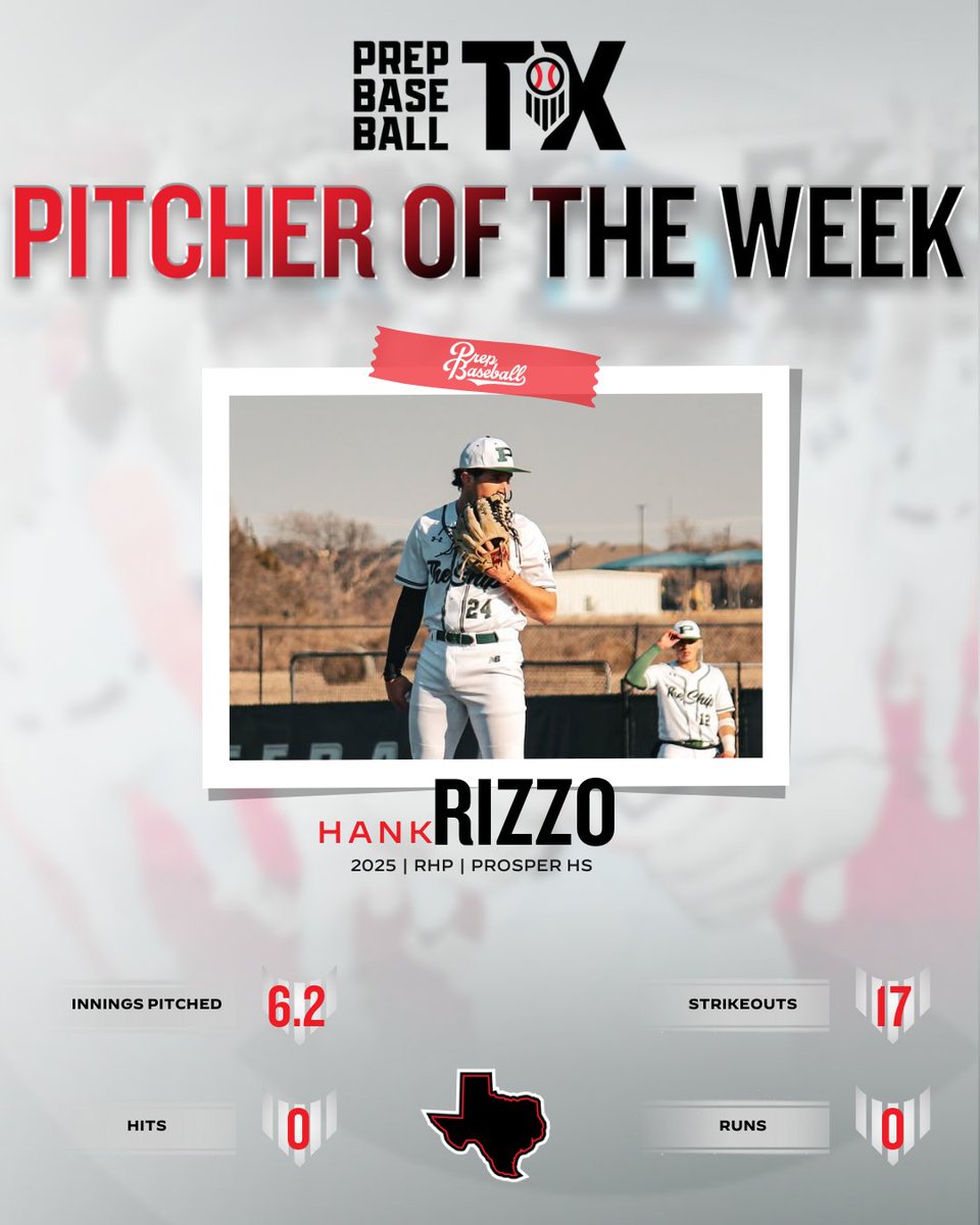 Prep Baseball Texas (@prepbaseball_tx) on Twitter photo π
ππ ππ’πππ‘ππ« π¨π ππ‘π ππππ€
Our week 9 Pitcher of the Week award goes to '25 RHP Hank Rizzo (<a href="/hank_rizzo/">Hank Rizzo</a>) from <a href="/ThePHSBaseball/">Prosper HS Baseball</a>.
The <a href="/GraysonBaseball/">Grayson Baseball</a> recruit went 6.2 IP of no-hit baseball while striking out 17.
Full Story: loom.ly/W5WOUf4 π
ππ ππ’πππ‘ππ« π¨π ππ‘π ππππ€
Our week 9 Pitcher of the Week award goes to '25 RHP Hank Rizzo (<a href="/hank_rizzo/">Hank Rizzo</a>) from <a href="/ThePHSBaseball/">Prosper HS Baseball</a>.
The <a href="/GraysonBaseball/">Grayson Baseball</a> recruit went 6.2 IP of no-hit baseball while striking out 17.
Full Story: loom.ly/W5WOUf4