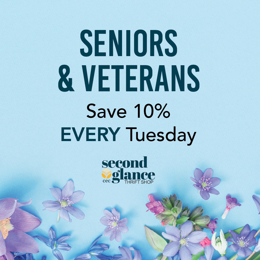 Don't forget that EVERY Tuesday - Seniors and Veterans get 10% off. Come see what's new at Second Glance.