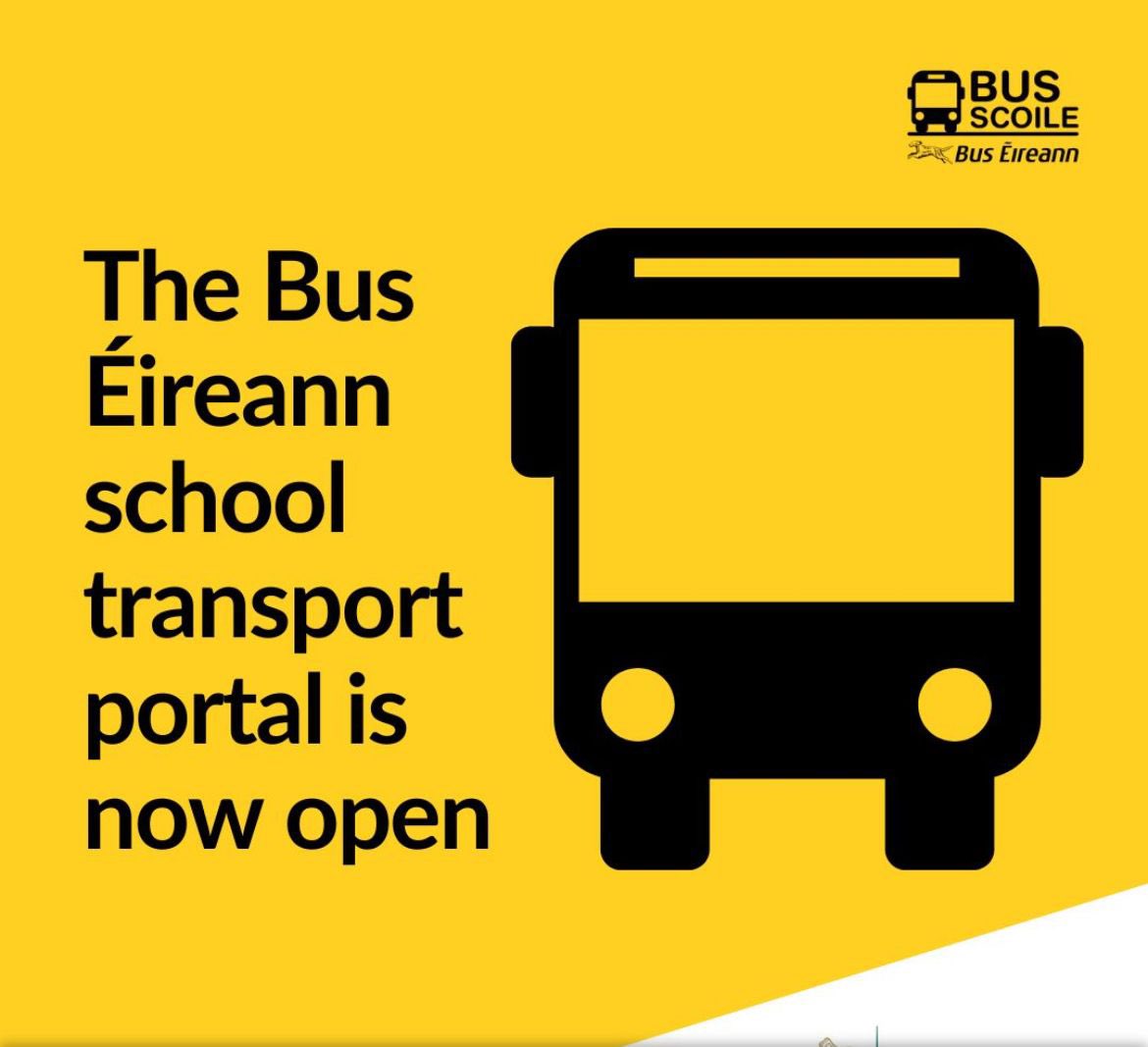 School Transport Applications Now Open 🚌

The Bus Éireann School Transport online portal is open for new applications for the 2025/26 school year.

If your child is starting post-primary school or moving to a new area, make sure to apply before Friday, 25 April.

Apply here: