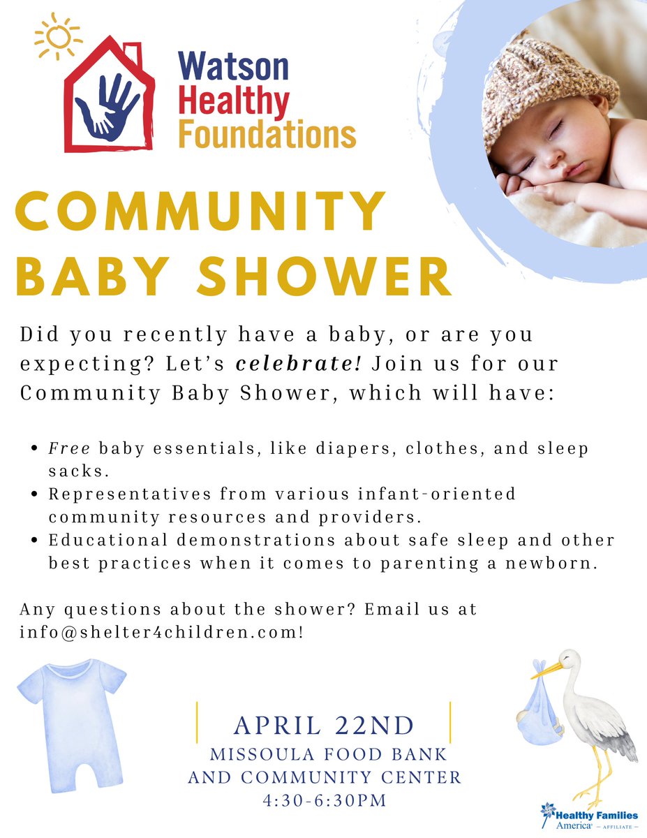TODAY Watson Children's Shelter is hosting a Community Baby Shower at the Missoula Food Bank &amp; Community Center from 4:30-6:30pm. 

Questions? Email info@shelter4children.com

#BabyShower #CommunityCelebration #NewBaby #Newborn