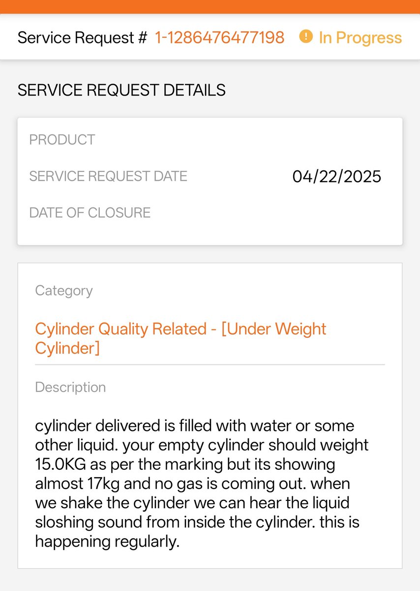 deepakbhatt1401's tweet photo. @IndianOilcl @PetroleumMin @PMOIndia Hello IOCL,
Writing here with hopes that someone will action the complaint &amp; sort this on priority. Cylinders are being delivered with less gas &amp; water is added to compensate  the stolen gas weight. Please stop this theft &amp; punish the guilty https://t.co/amrftNM0Ql
