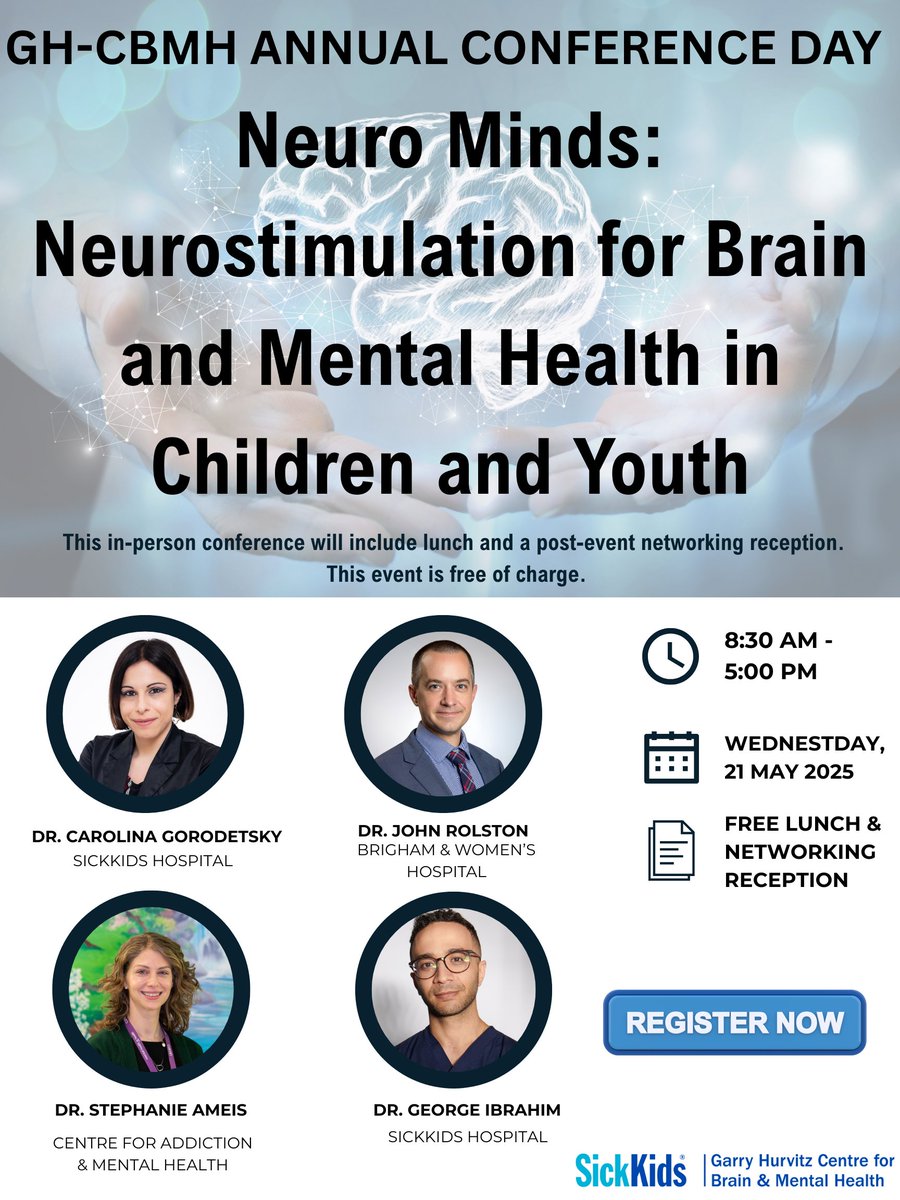 GH-CBMH invites you to our Annual Conference – May 21 ‼️
Join us for a powerful day exploring neurostimulation on brain &amp; mental health in children &amp; youth🧠
Free event! Includes lunch, networking, poster session &amp; more! 🗣️
Register now: cvent.me/A1g3GW