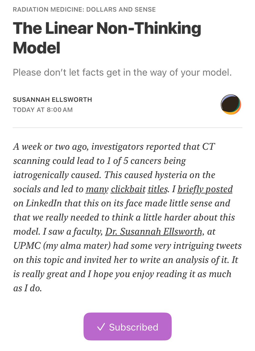 Jeff Ryckman (@jryckman3) on Twitter photo Fantastic read on The “Linear Non-Thinking Model” this morning!
Excellent take by <a href="/free_radical28/">Susannah Ellsworth</a> 🏆🎯
Well worth the brief read! #radonc
open.substack.com/pub/radiatione… Fantastic read on The “Linear Non-Thinking Model” this morning!
Excellent take by <a href="/free_radical28/">Susannah Ellsworth</a> 🏆🎯
Well worth the brief read! #radonc
open.substack.com/pub/radiatione…