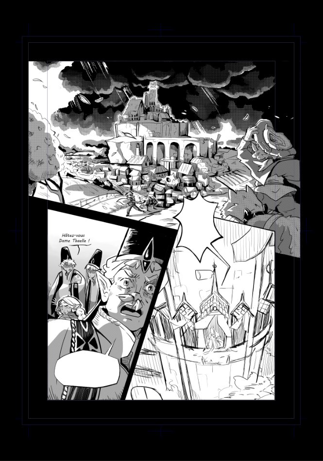 WIP d'un petit essai de chapitre ! 😮‍💨 Je me suis trompée dans la mise en page des cases, heureusement que je l'ai fait en digital 💀
