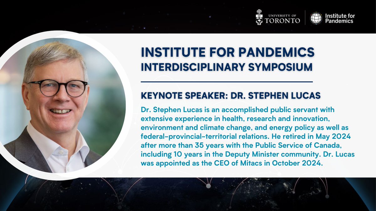 Kicking off our #symposium on May 13th is <a href="/Steve_B_Lucas/">Stephen Lucas</a> , CEO of Mitacs and the former Deputy Minister of Health Canada!
He will be joined by <a href="/DrFahadRazak/">Fahad Razak</a>, <a href="/HeAngus/">Helen Angus</a>, <a href="/epdevilla/">Dr. Eileen de Villa</a>, and <a href="/SteiniBrown/">Adalsteinn (Steini) Brown</a> for a look back at the COVID-19 pandemic and learnings for future health crises.