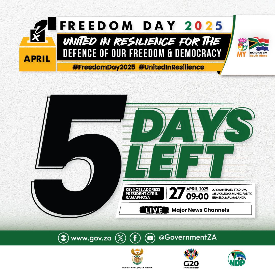 PSMmagazineZA's tweet image. Five days to go!

President Cyril Ramaphosa will deliver the Freedom Day keynote address at AJ Swanepoel Stadium in Msukaligwa Municipality, Ermelo, Mpumalanga on 27 April 2025. 

This year’s commemoration concludes the year-long celebration of #30yearsofFreedom.

#FreedomDay2025