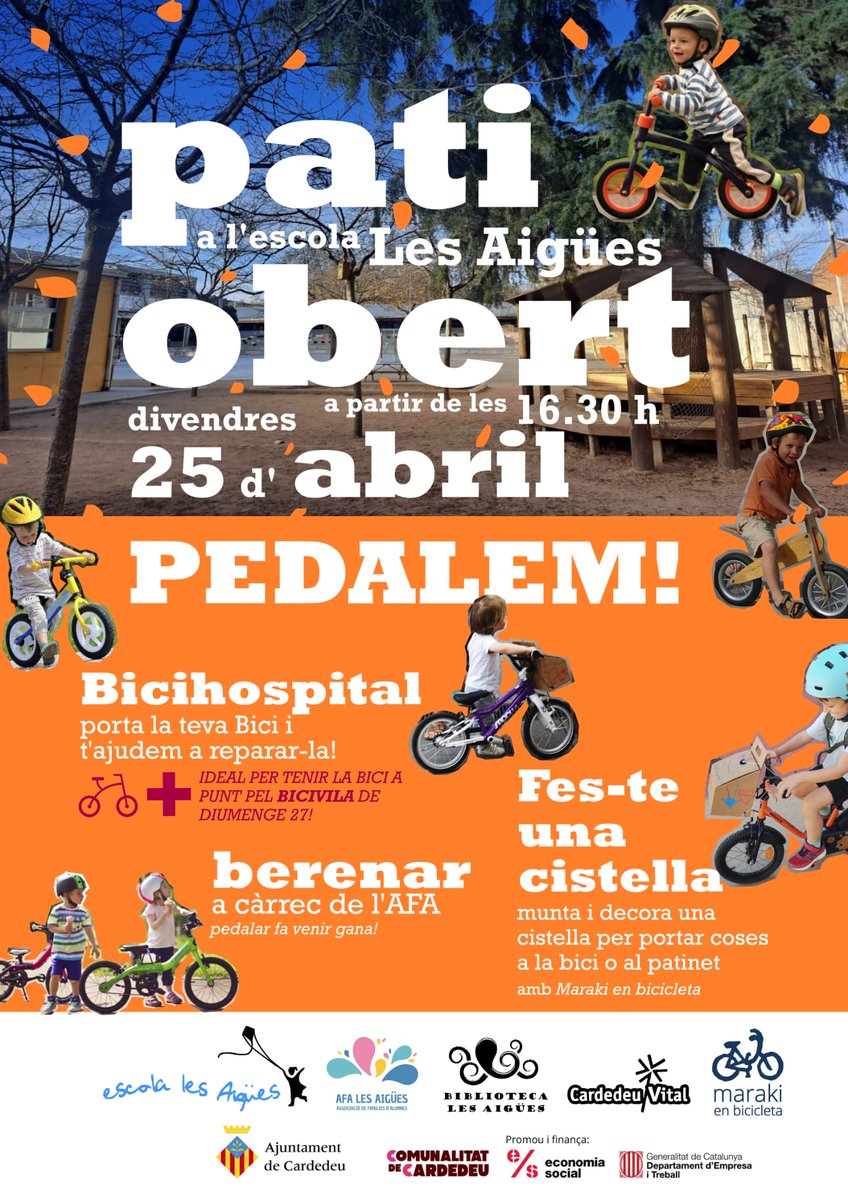 Aquest divendres 25 d'abril, pati obert dedicat a les bicicletes a l'escola Les Aigües: Bicihospital i taller de cistelles , ideal per a posar a punt les bicis per al Bicivila de diumenge! 🚲👌🚲👌🚲
#Cardedeu
