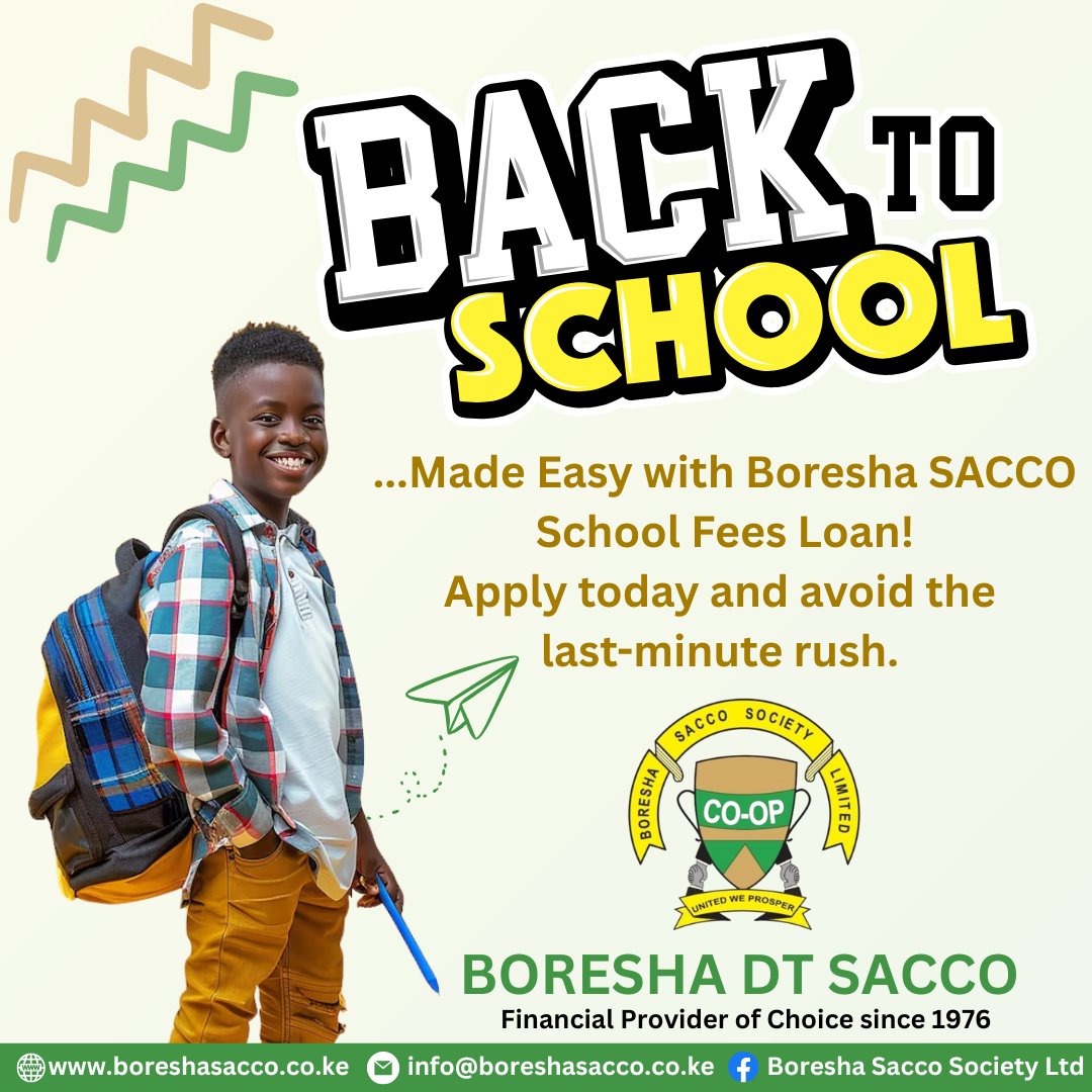 Back to school is around the corner, apply for your School Fees Loan today and secure your child’s education.

Fast. Flexible. Affordable.

For more inquiries, contact us at 0111043400 or WhatsApp 0720200689

#financialproviderofchoice #backtoschool #CooperativesBuildABetterWorld