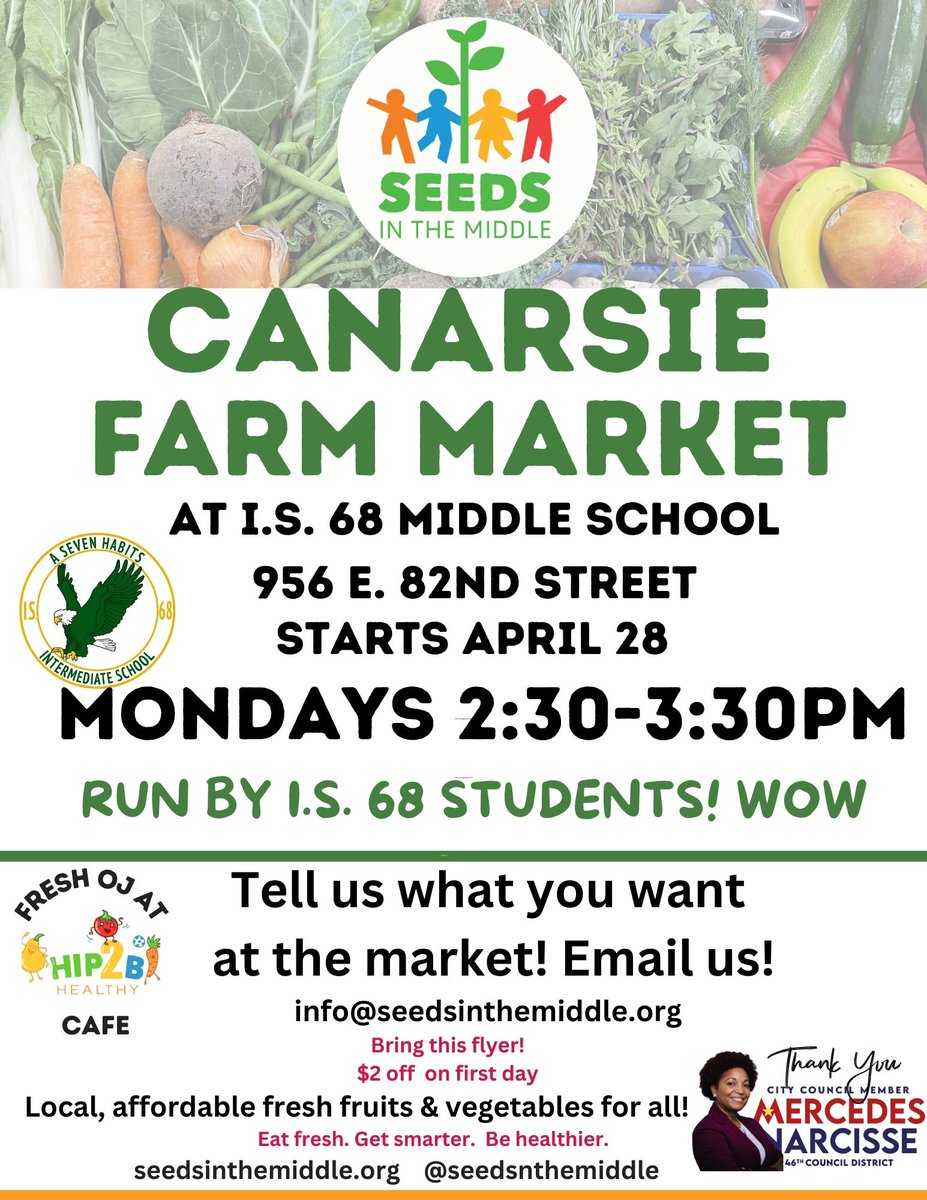 Fresh Market is Coming to I.S.68
 Hello Parents and Guardians, please be sure to support our fresh market on Mondays, beginning on 4/28.    siap.ps/8f998d