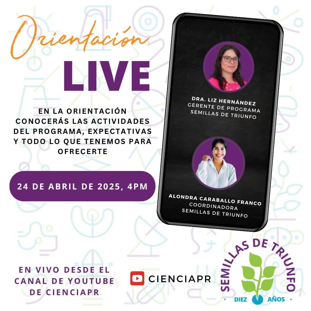 CienciaPR's tweet image. ¡Atención, futuras #SemillasDeTriunfo!🌟 Para completar su solicitud debe participar en una orientación en línea junto a su padre, madre o encargado. Conocerás más sobre el programa y aclararás cualquier duda. ¡Les esperamos! 🌱💜

#10AniversarioSemillas

youtube.com/live/tUgS-elhv…