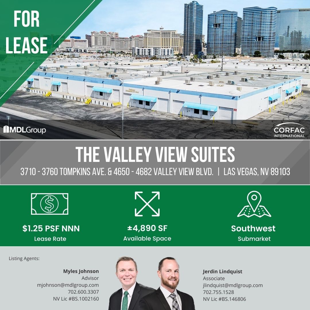 mdlgroup's tweet photo. 4,890 SF Industrial Suite Available in Southwest Las Vegas. Located on Valley View Boulevard, this property offers excellent frontage, visibility, and multiple access points.
For more information, please contact our brokers
#MDLGroup #CORFAC #Industrial https://t.co/tdkDusXqqy