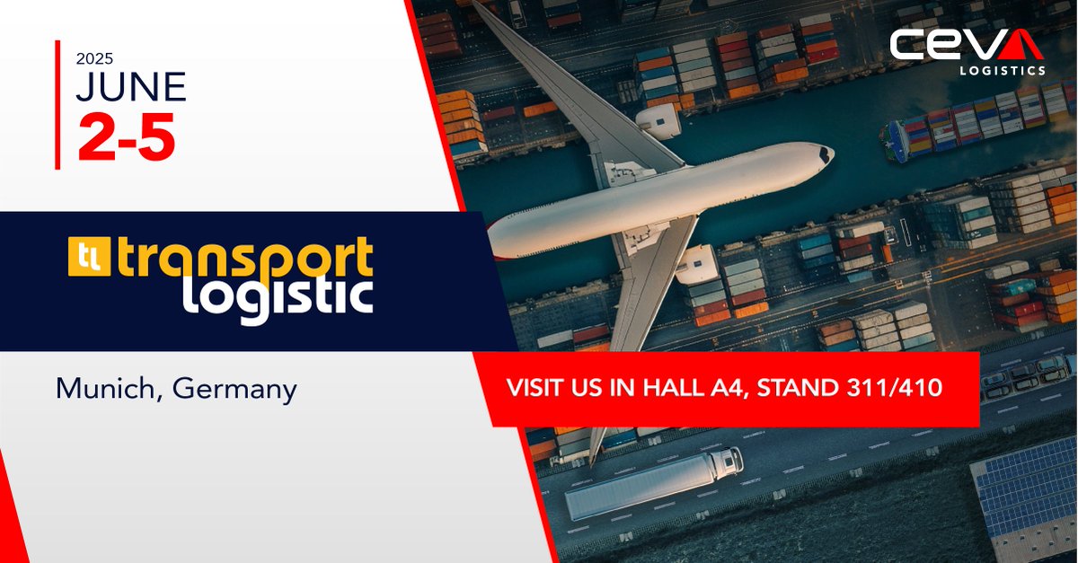 cevalogistics's tweet photo. 📢 Save the date!
We'll be at #TransportLogistic Munich from June 2–5!
Join us in Hall A4, stands 311 & 410 to discover our latest tech innovations, sustainable solutions, and expert logistics services across all modes.
#CEVALogistics #ResponsiveLogisticsforYou https://t.co/X4DkKIEfIZ