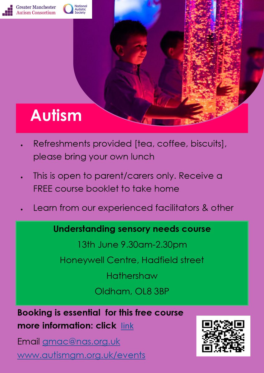 FREE Understanding Sensory Needs course with <a href="/GMAutismC/">GM Autism Consortium</a> for parents &amp; carers of autistic children. Book your place using the QR code or via the link below:
bit.ly/42V0MF5