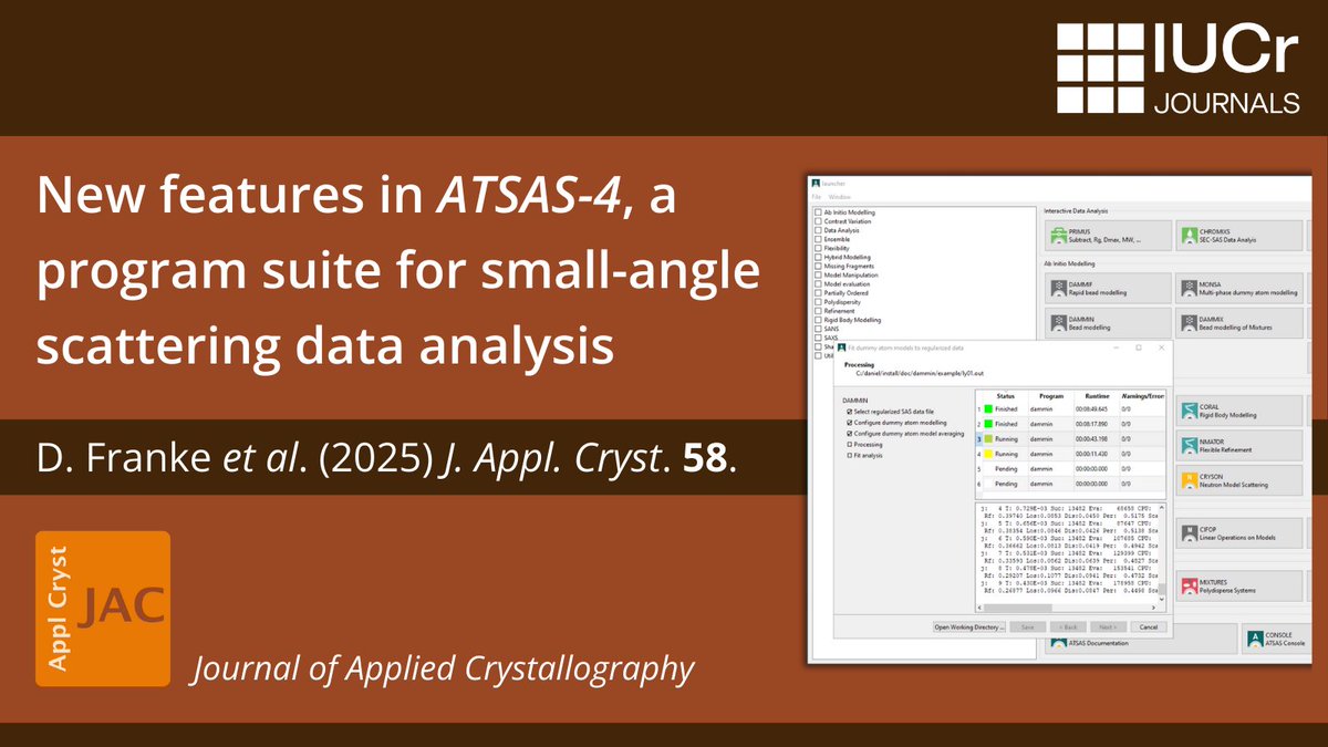 IUCr (@iucr) on Twitter photo ATSAS release 4 introduces major updates with improved GUIs, project support and enhanced tools for the analysis of biological macromolecules and nanostructures—streamlining workflows across applications.
Read more about the new features in <a href="/JApplCryst/">Journal of Applied Crystallography</a>
➡️ doi.org/10.1107/S16005… ATSAS release 4 introduces major updates with improved GUIs, project support and enhanced tools for the analysis of biological macromolecules and nanostructures—streamlining workflows across applications.
Read more about the new features in <a href="/JApplCryst/">Journal of Applied Crystallography</a>
➡️ doi.org/10.1107/S16005…