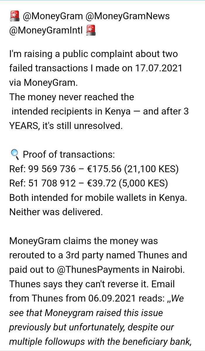 WinnieEinberger's tweet photo. 🚨 @MoneyGram @MoneyGramNews @MoneyGramIntl 🚨
Public complaint about two transactions I made via MoneyGram. The money never reached the intended recipients &amp; after YEARS, it's still unresolved. 
#MoneyGramComplaint #MissingMoney #FraudAlert #ConsumerRights #thunes #moneygram https://t.co/EV9ML2X1xZ