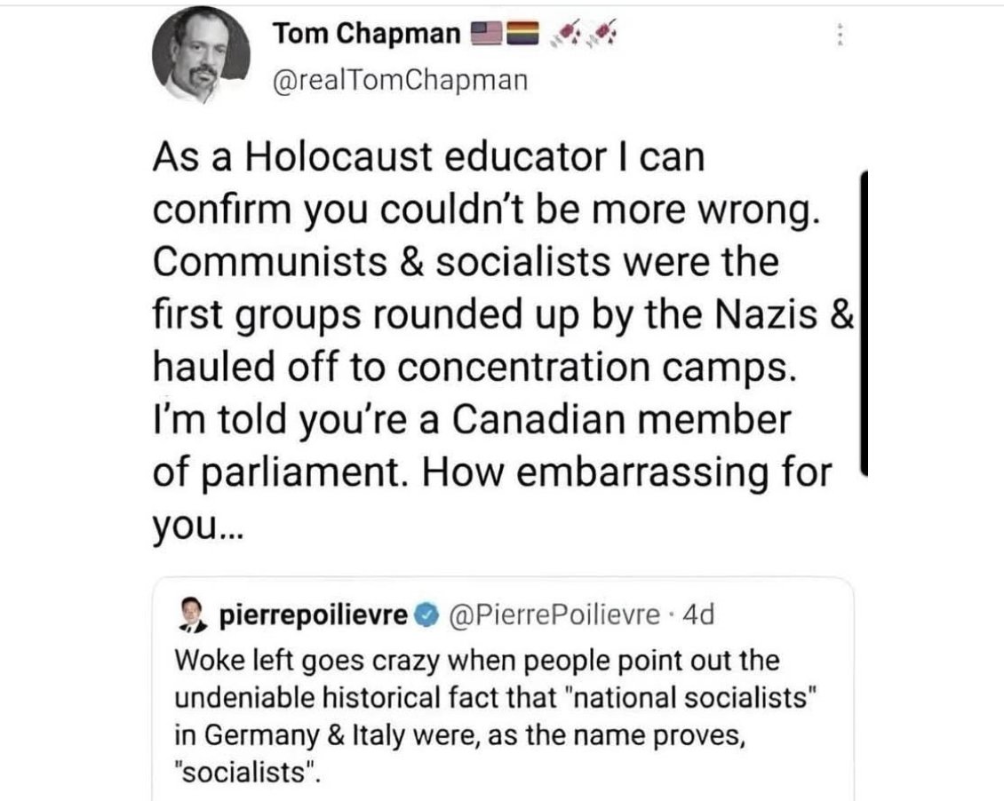 This is major and significant disinformation about the Holocaust being disseminated by Pierre Poilievre that is meant to try to discredit modern left and centrist political parties. Canada, after all, is a social democracy.