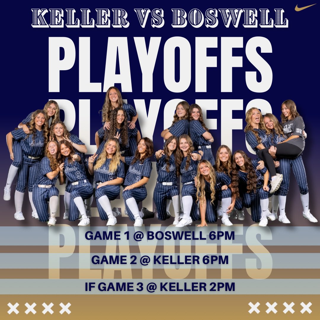 Round One is set!
Your Indians take on Boswell in the Bi-District round:
Game 1: Thursday @ Boswell – 6PM
Game 2: Friday @ HOME – 6PM
Game 3 (if needed): Saturday @ HOME– 2PM

#PlayoffSeason #KellerSoftball