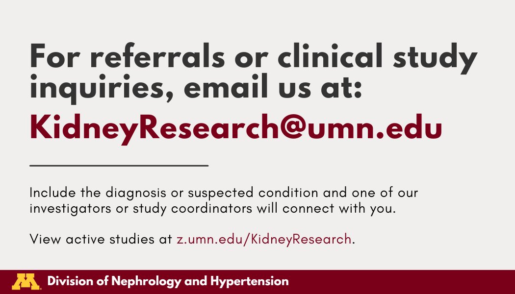 UMN Division of Nephrology & Hypertension (@umnkidney) on Twitter photo 📢 Got a kidney research inquiry or referral? Email us at KidneyResearch@umn.edu! Include the diagnosis or suspected condition, and our team will follow up.
See active studies: z.umn.edu/KidneyResearch 📢 Got a kidney research inquiry or referral? Email us at KidneyResearch@umn.edu! Include the diagnosis or suspected condition, and our team will follow up.
See active studies: z.umn.edu/KidneyResearch