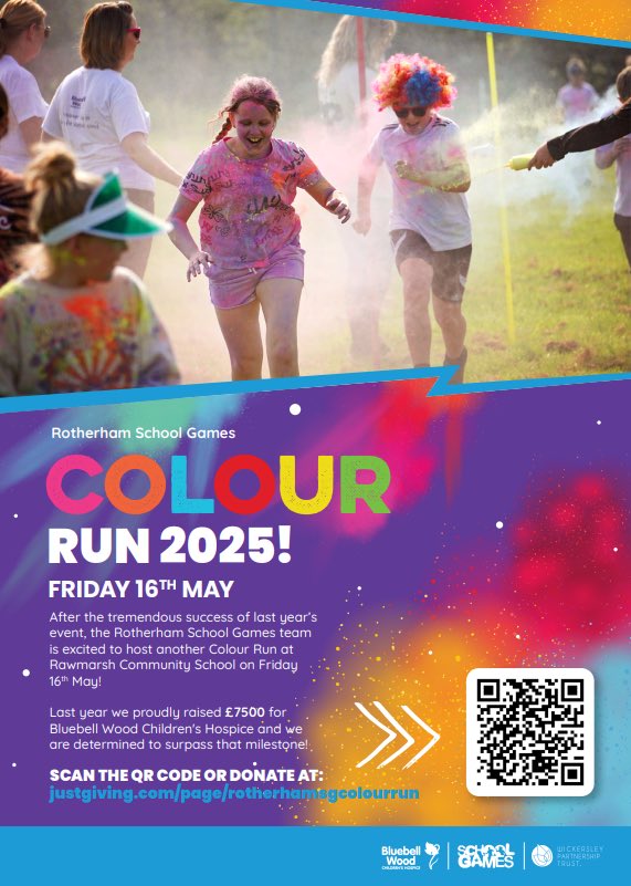 Rotherham School Games (@rotherhamgames) on Twitter photo ๐ฃ๐กCOLOUR RUN IS BACK ๐จ๐ต๐ข
We are delighted to announce our annual Colour Run in collaboration with <a href="/BluebellWoodCH/">Bluebell Wood</a> is taking place on Friday 16th May ๐๏ธ
You can donate using the QR code or visiting the link below ๐๐ป
justgiving.com/page/rotherhamโฆ
Help us beat our ยฃ7500 target ๐๐ป ๐ฃ๐กCOLOUR RUN IS BACK ๐จ๐ต๐ข
We are delighted to announce our annual Colour Run in collaboration with <a href="/BluebellWoodCH/">Bluebell Wood</a> is taking place on Friday 16th May ๐๏ธ
You can donate using the QR code or visiting the link below ๐๐ป
justgiving.com/page/rotherhamโฆ
Help us beat our ยฃ7500 target ๐๐ป