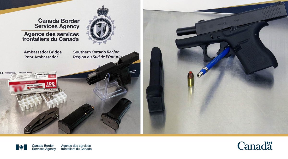 CanBorder's tweet photo. #CBSA officers across #SouthernOntario seized 4 handguns, 5 switchblades, 6 over-capacity magazines and a stun gun in 4 days. All subjects were arrested under the Customs Act. #ProtectingCanadians #WeeklyWeaponsWrap https://t.co/mNr1C8jv4j